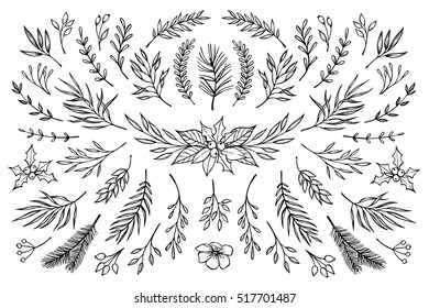 Hand drawn vector winter elements ( laurel, frame, leaf, poinsettia, holly, berry, plant). Christmas branches. Perfect for invitations, greeting cards, posters, prints