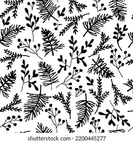 Handgezeichnete Vektor Winter immergrüne Äste und Beerenelemente. Winterzweige und -blätter. Handgezeichnete Blumenelemente. Vintage botanische Illustrationen.