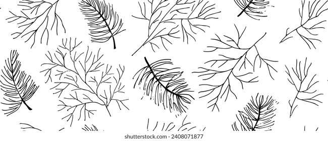 Hand drawn vector winter evergreen branches with  pine and fir branches, vector evergreen plant, Christmas tree and pine branch. Black silhoettes islated on white backgrond. Winter nature illustration