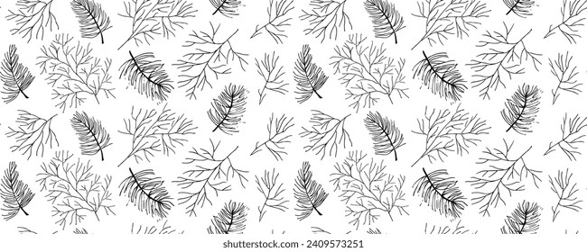 Hand drawn vector winter evergreen branches with  pine and fir branches, vector evergreen plant, Christmas tree and pine branch. Black silhoettes islated on white backgrond. Winter nature illustration