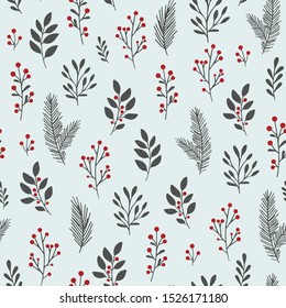 Hand drawn vector winter floral pattern. Seamless background with winter branches and leaves. Hand drawn floral elements. Vintage botanical illustrations. 