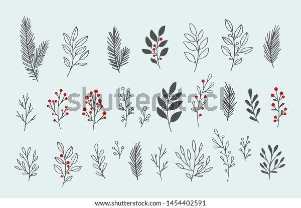 手描きのベクトル冬の花柄 冬は枝葉 手描きの花柄エレメント ビンテージの植物イラスト のベクター画像素材 ロイヤリティフリー