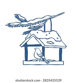 Hand drawn vector winter illustration of bird feeder covered with snow and small bird. Charming seasonal line art design of wooden bird house backyard. Snowy nature for stationery and winter designs
