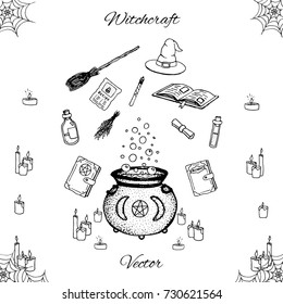 Hand drawn vector witchcraft set isolated on white background. Includes potions, herbs, books, witches hat and broom, candles, magic wand and cauldron with bubbles. Halloween line art.