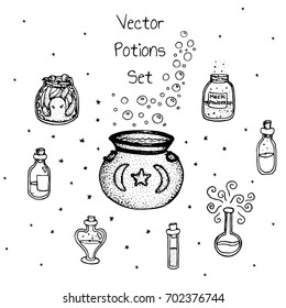 Hand drawn vector witchy bottles. Black outline of potions, elixirs, vials and cauldrons. Halloween line art.