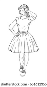 Hand drawn vector Woman in a skirt, sneakers. The girl goes and scratches her head. 