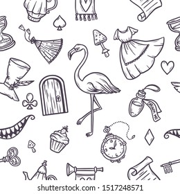 Hand drawn vector wonderland seamless pattern. Fairy tale design elements.