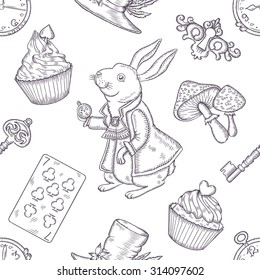 Hand drawn vector wonderland seamless pattern. Fairy tale design elements.