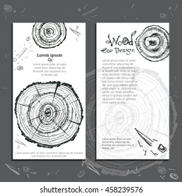 Hand drawn vector wooden slice. Pine tree. Organic modern ecological design. Black and white template. Forest floor. Ready design.