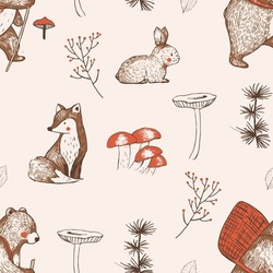 Hand Drawn Vector Woodland Animals Seamless Pattern. Fabric Wallpaper Background With Fox, Bear, And Bunny Rabbit. For Kids And Baby's.  
