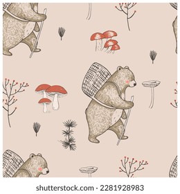 Hand drawn vector woodland seamless pattern. forester bear with staff. Fabric wallpaper background with  Bear. For kids and baby's.  