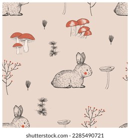 Hand drawn vector woodland seamless pattern. forester bunny . Fabric wallpaper  vintage background. For kids and baby's.  