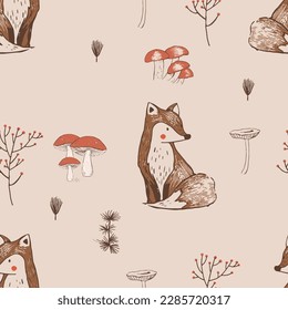 Hand drawn vector woodland seamless pattern with fox.  Fabric, wallpaper, vintage background. For kids and baby's