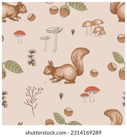 Hand drawn vector woodland seamless pattern with squirrel and hazelnuts.  Fabric, wallpaper, vintage background. For kids and baby's