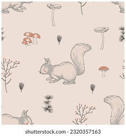 Hand drawn vector woodland seamless pattern. forester squirrel . Fabric wallpaper  vintage background. For kids and baby's.  