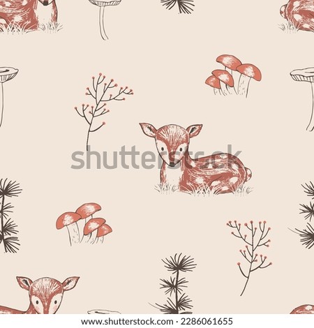 Hand drawn vector woodland seamless pattern with baby deer.  Fabric, wallpaper, vintage background. For kids and baby's