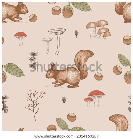 Hand drawn vector woodland seamless pattern with squirrel and hazelnuts.  Fabric, wallpaper, vintage background. For kids and baby's 商業照片 © 