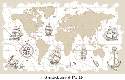 Hand drawn vector world map with compass, anchor and sailing ships in vintage style. Perfect for textiles, wallpaper and prints. svg