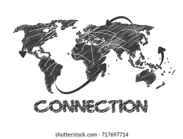 Hand drawn vector world map connection on white background. Vector illustration