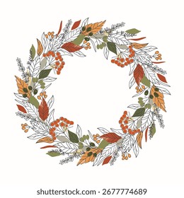 Hand drawn vector wreath with autumn leaves and berries. Thin linework with muted red, orange, olive green colors. Perfect for seasonal design, invitations, wedding, packaging, decor, greeting cards.