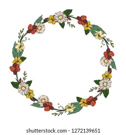 Hand - drawn vector wreath of bright red and yellow colors. Template for decorating cards and wedding invitations.