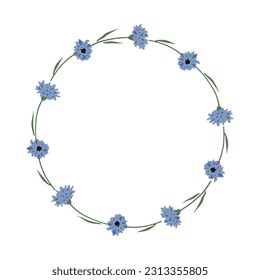 Hand drawn vector wreath with cornflower. Cute blooming floral wreath for spring and summer designs, prints, posters. Botanical circle frame isolated on white background. Lovely vector art