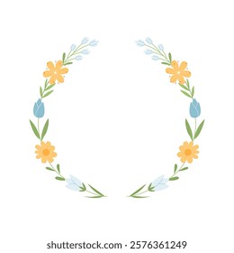 Hand drawn vector wreath with cute spring wildflowers and branches. Floral round frame for greeting cards, wedding, invitation