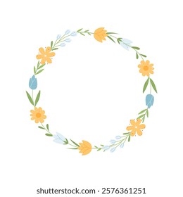 Hand drawn vector wreath with cute spring wildflowers and branchs