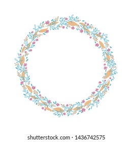 Hand drawn vector wreath. Floral circle frame design element for invitations, greeting cards, posters, blogs. Delicate branches and leaves in doodle scandinavian style.
