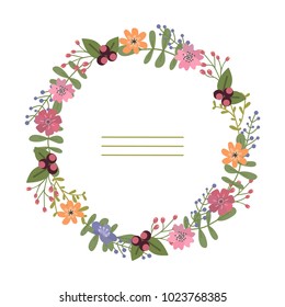 Hand drawn vector wreath with flowers and leaves. This wreath consists of many various isolated elements that may be useful in your design works.