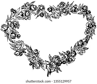 Hand drawn vector wreath in form of heart. Floral frame design elements for invitations, greeting cards, posters, blogs. Delicate set of flowers, branches and leaves