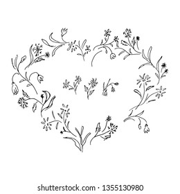 Hand drawn vector wreath in form of heart. Floral frame design elements for invitations, greeting cards, posters, blogs. Delicate set of flowers, branches and leaves