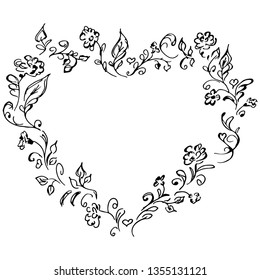 Hand drawn vector wreath in form of heart. Floral frame design elements for invitations, greeting cards, posters, blogs. Delicate set of flowers, branches and leaves