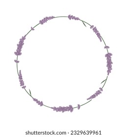 Hand drawn vector wreath with lavender. Cute blooming floral wreath for spring and summer designs, prints, posters. Botanical circle frame isolated on white background. Lovely vector art