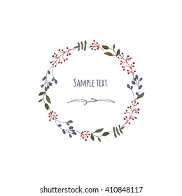 hand drawn vector wreath of leaves, twigs and berries for greeting, congratulations or other design, an illustration
