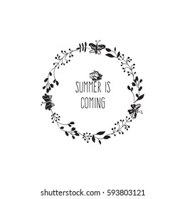 Hand drawn vector wreath with leaves, twigs, berries and butterfly for cards, congratulations or other types of design .