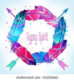 Hand drawn vector wreath with painted bird feathers and arrows  isolated on white background. Colorful set for your design. Trendy  boho style patterned elements, sketch, tribal template.