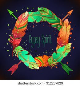Hand drawn vector wreath with painted bird feathers and arrows  isolated on white background. Colorful set for your design. Trendy  boho style patterned elements, sketch, tribal template.
