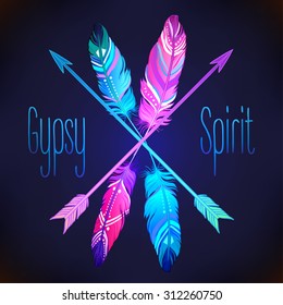 Hand drawn vector wreath with painted bird feathers and arrows  isolated on white background. Colorful set for your design. Trendy  boho style patterned elements, sketch, tribal template.