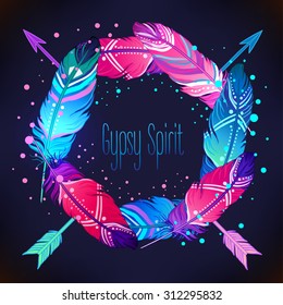 Hand drawn vector wreath with painted bird feathers and arrows  isolated on white background. Colorful set for your design. Trendy  boho style patterned elements, sketch, tribal template.