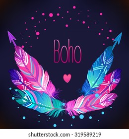 Hand drawn vector wreath with painted bird feathers and arrows isolated on black background. Colorful set for your design. Trendy boho style patterned elements, sketch, tribal template.