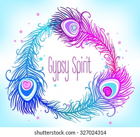 Hand drawn vector wreath with painted peacock tail feathers and arrows isolated on white background. Colorful set for your design. Trendy boho style patterned elements, sketch, tribal template.