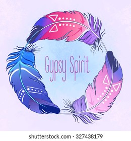 Hand drawn vector wreath with painted bird feathers and arrows isolated on white background. Colorful set for your design. Trendy boho style patterned elements, sketch, tribal template.