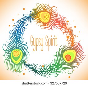 Hand drawn vector wreath with painted peacock tail feathers and arrows isolated on white background. Colorful set for your design. Trendy boho style patterned elements, sketch, tribal template.