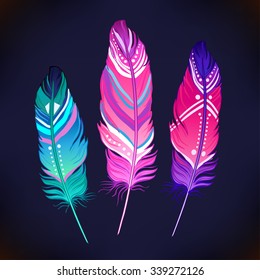 Hand drawn vector wreath with painted bird feathers and arrows isolated on white background. Colorful set for your design. Trendy boho style patterned elements, sketch, tribal template.