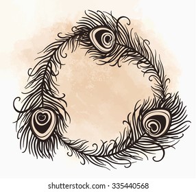 Hand drawn vector wreath with  peacock tail feathers and arrows isolated on white background. Trendy boho style patterned elements, sketch, tribal coloring book page design for adults and kids.