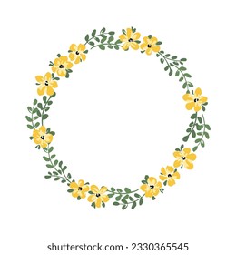 Vectores dibujados a mano con flores silvestres. Corona floral de floración suave para diseños primaverales y veraniegos, impresiones, afiches. Marco de círculo botánico aislado sobre fondo blanco. Bonito arte vectorial