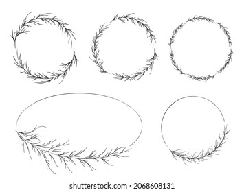Hand drawn vector wreaths. Minimalistic round thin lines frames with pine branches for winter season design