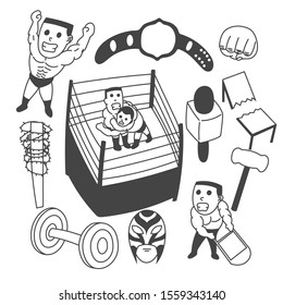 Hand drawn vector wrestling set