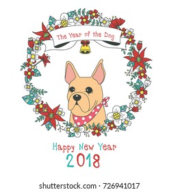 Hand drawn vector year of dog, floral wreath illustration, happy new year, dog and flower, wreath of flowers frame, beautiful floral round frames with the Christmas flowers, vector greeting card